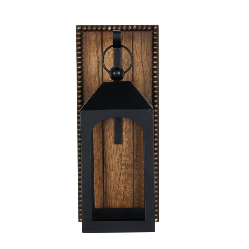 Black Metal Suspended Arched Cutout Wall Sconce with Brown Wood Backing and Beaded Edge