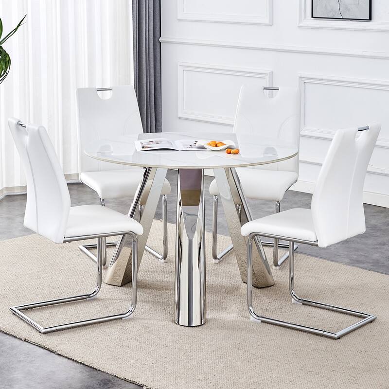 42" Sintered Stone Dining Set Brushed Silver Steel Base 4 PU Upholstered Chairs Modern Luxury Round Table Collection - White