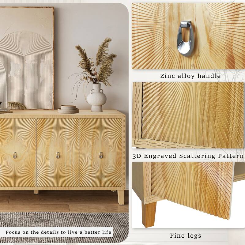Wooden Storage Cabinet with 4 Doors, Carved Scatter Pattern Sideboard, Large Buffet Cabinet with Adjustable Shelves