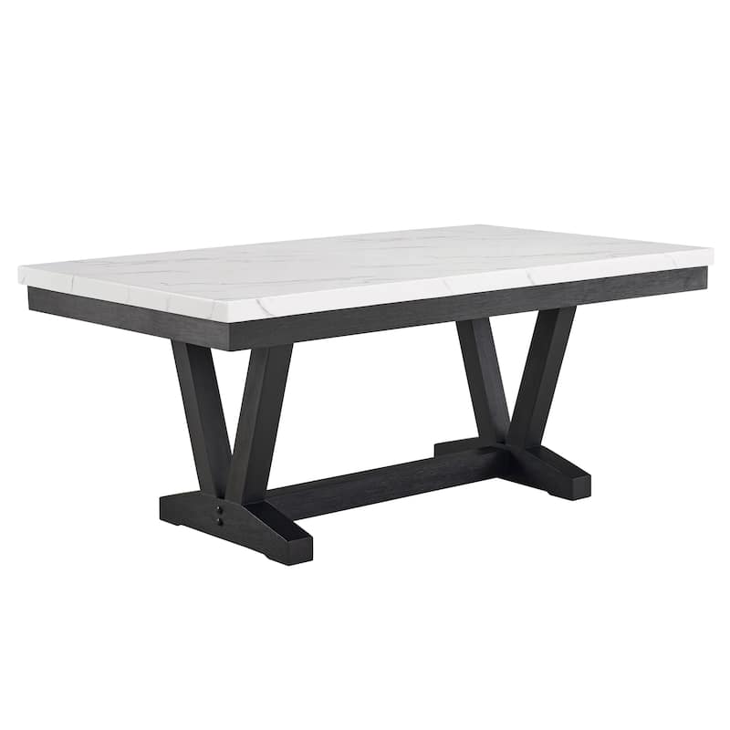 Vinz Dining Table, 72 Inch White Faux Marble Top, Black Trestle Base