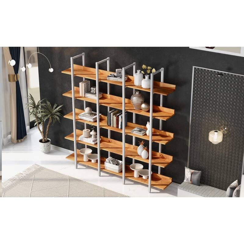 5 Tier Bookcase Home Office Open Bookshelf, Modern Industrial Style Shelf with Metal Frame, MDF Board