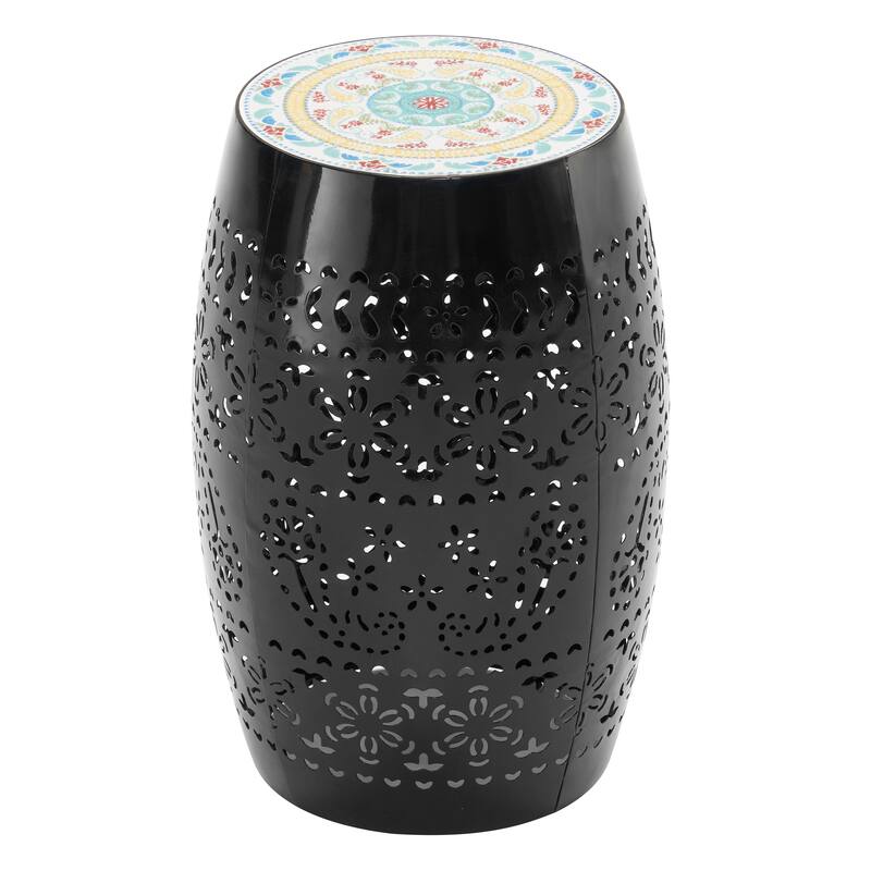 18.25" Modern Round Side Table with Boho Pattern Ceramic Tile Top and Unique Color Iron Frame - Black