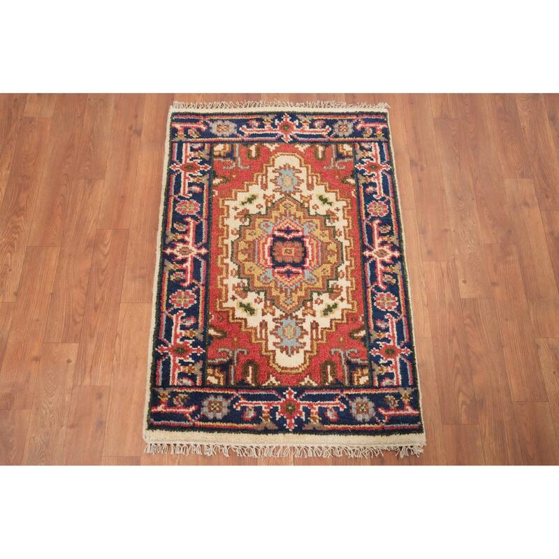 Hand Knotted Oriental 100% Wool Carpet Traditional Medallion Beige & Ivories Heriz (serapi) Area Rug - 3' 0'' X 2' 0''