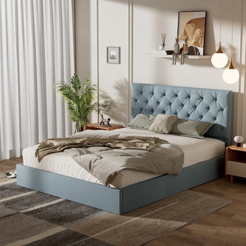 Plywood Frame Upholstered Platform Bed with Lift-up Storage Supported by Metal and Wooden Slats