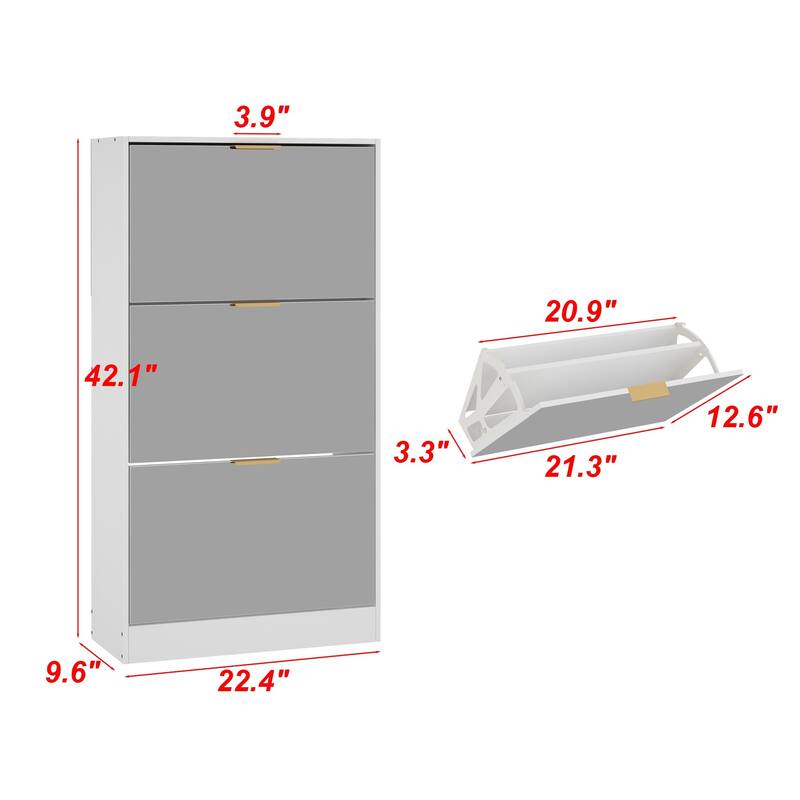 Timechee Shoe Cabinet with 3 Mirrored Flip Drawers, Free Standing Slim