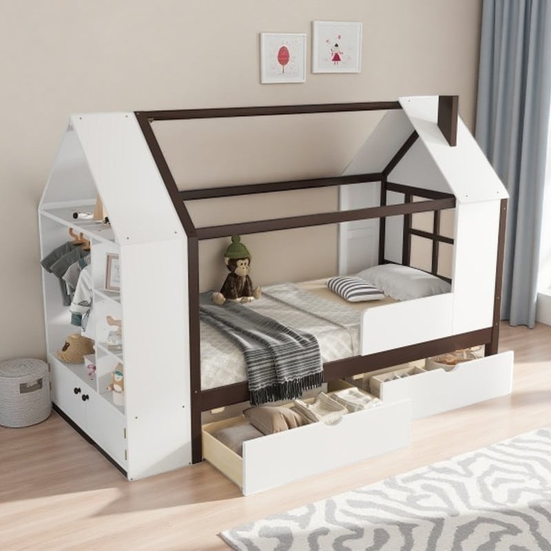 Twin Size Solid Wood House Platform Bed with Storage Drawers, Built-in Shelves & Cabinet, Kids Bed Frame