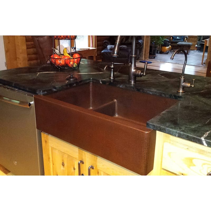 33-in Hammered Copper Apron Front 30/70 Double Basin Kitchen Sink with Short 5-in Divider (KA30DB33229-SD5)