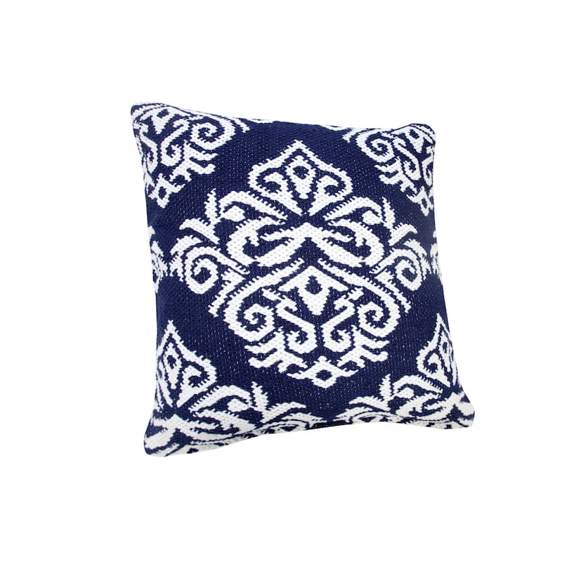 HomeRoots 20" X 20" Blue And White 100% Cotton Damask Zippered Pillow