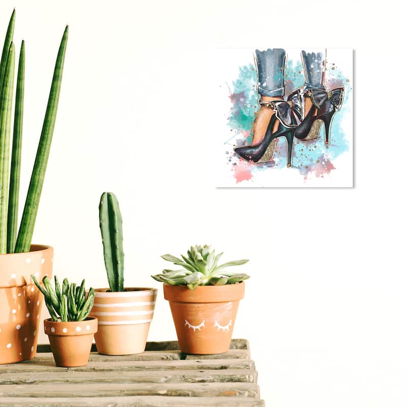 Wynwood Studio Fashion and Glam Pastel Glam Heels Blue and Metallic Gold Glam Wall Art Canvas Print - 12 x 12