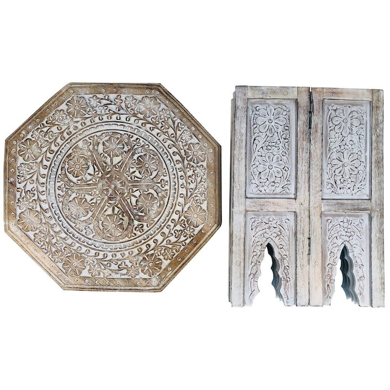 Farmhouse Wooden Side Table with Engraved Design and Octagonal Top, Antique Brown - 18 H x 18 W x 18 L Inches