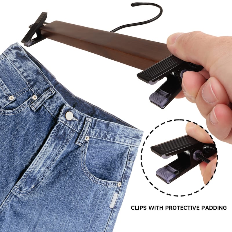 BP4U Premium Wooden Pants Hangers with Adjustable Clips, Solid Wood Skirt Hangers for Jeans, Slacks, Dresses
