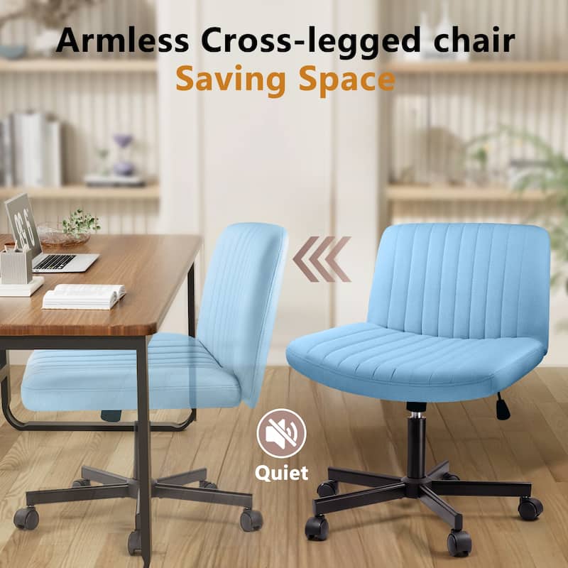 Bossin Criss Cross Chair Armless Office Desk Chair with Wheels,Fabric Padded Cross Legged Chair, Swivel Wide Seat Vanity Chair