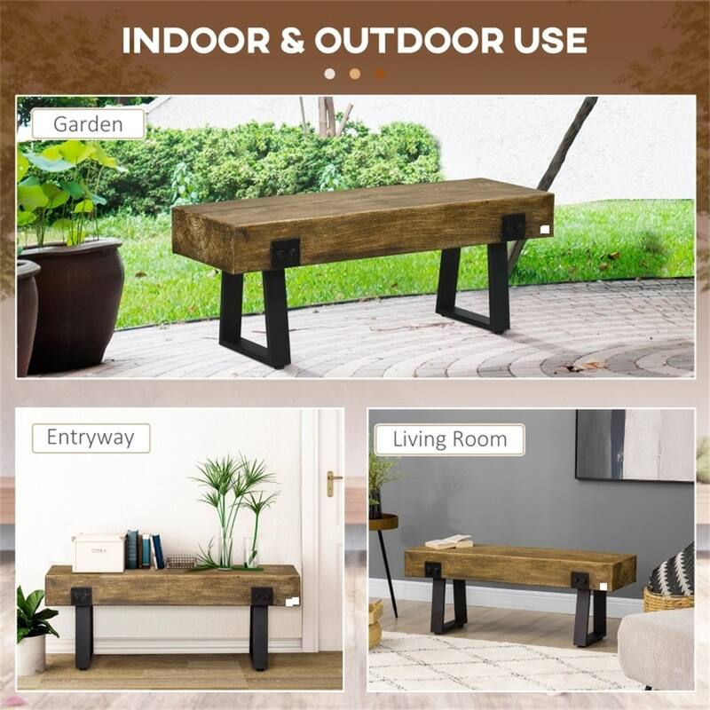 Rustic Garden Bench with Concrete Wood Grain Top and Metal Sled Base for Indoor or Outdoor Use - 48" L x 16.25" W x 18" H
