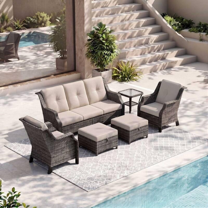 Cozywor 6-Piece Outdoor Patio Rattan Wicker Chairs with Side Table and Two Ottomans