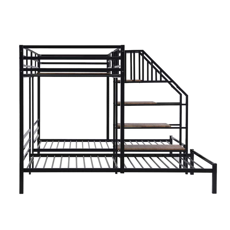 Metal Twin over Twin & Twin Bunk Bed with Storage Shelves Staircase, Triple Bunk Bed Frame, No Box Spring Needed for Kids