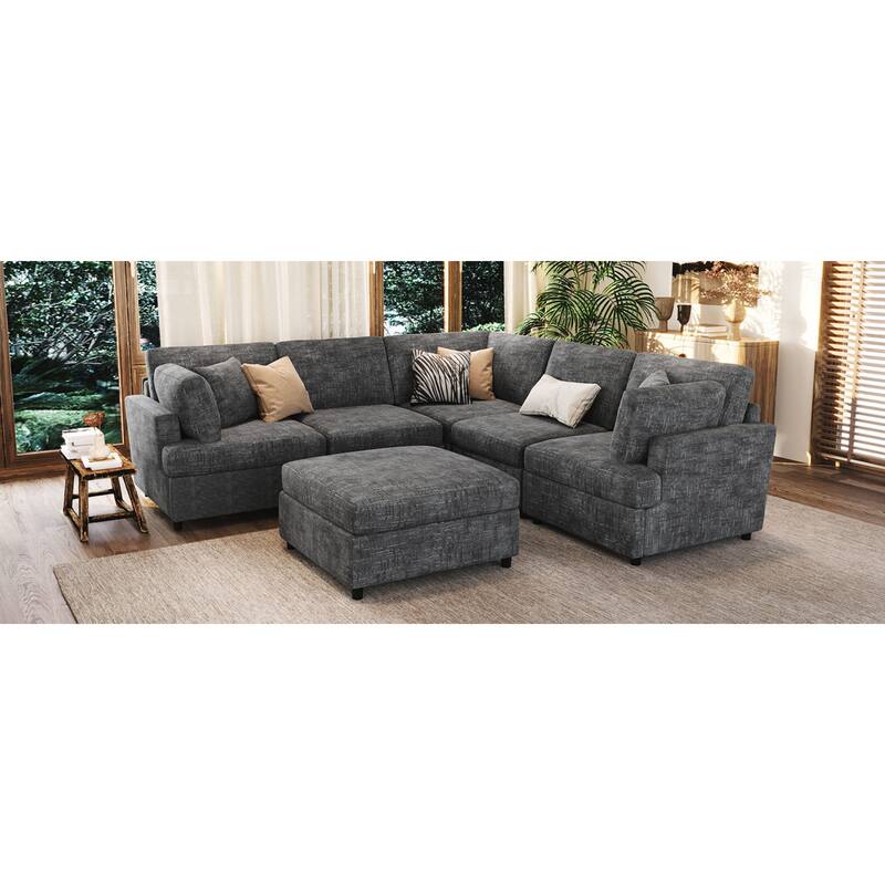 Roomfitters 127" U-Shaped Sectional Sofa, Modern Modular L-Shaped Couch with Movable Ottoman for Living Room, Grey