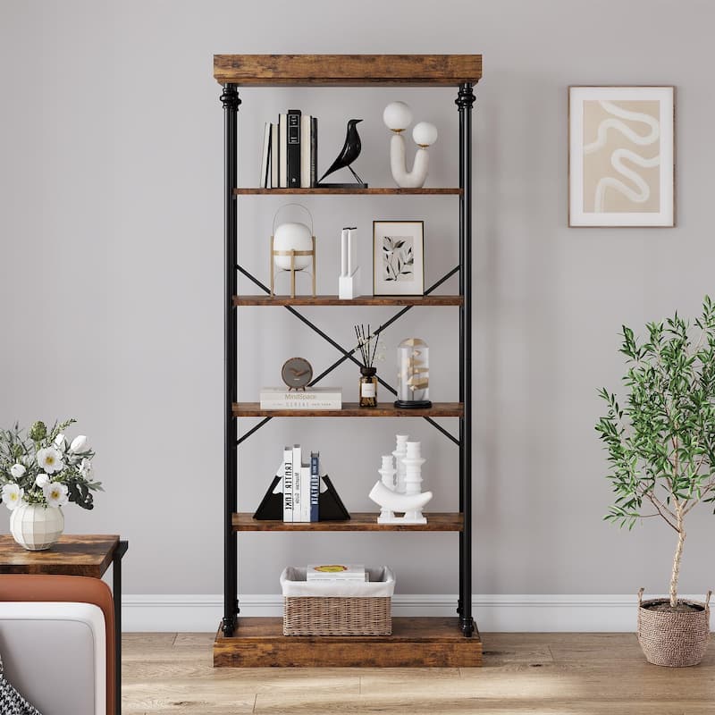 Bookshelf Industrial Bookcase Wooden Storage Open Rack Shelf with Metal Frame