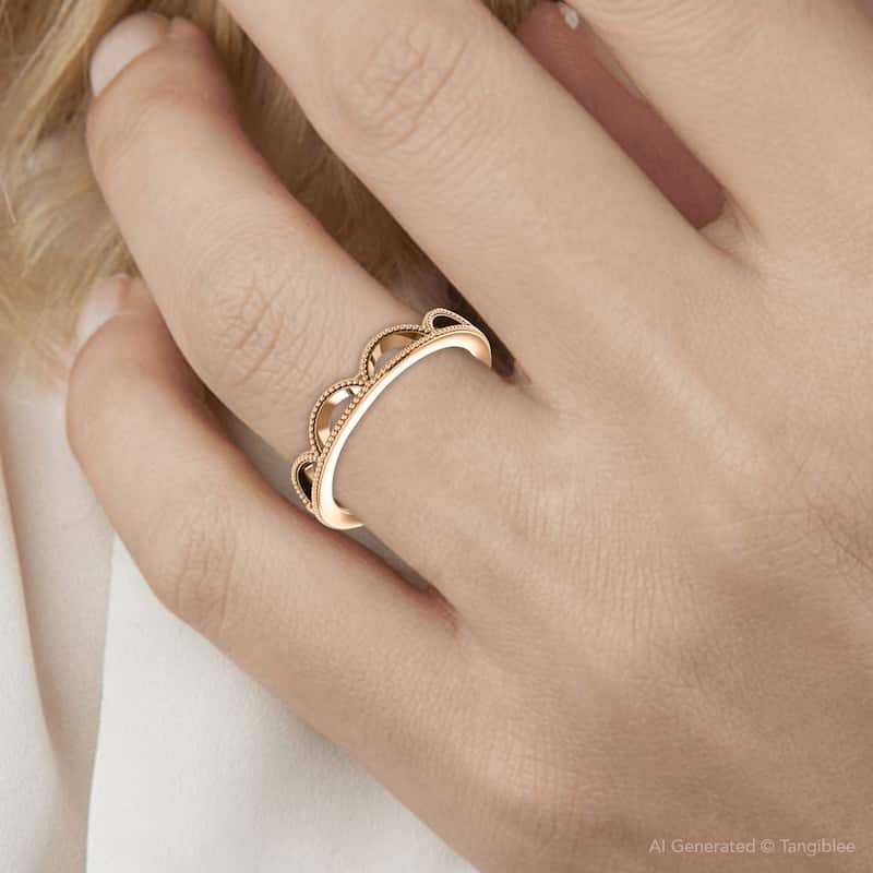 Rose Gold Womens Crown Design 4mm Wedding Band Stackable Ring