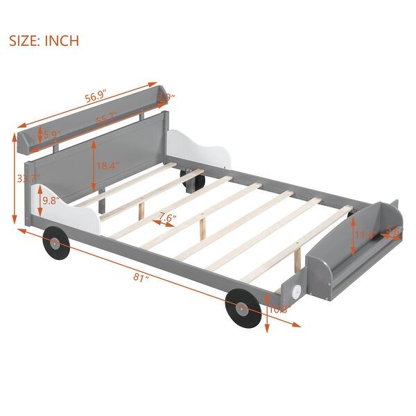 Full Size Creativity Kids Bed Car-Shaped Platform Bed, Unique Wooden Frame Kids Bed with Footboard and Storage Shelf, Grey