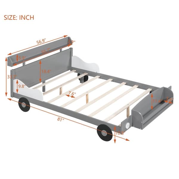 dimension image slide 1 of 4, Wood Car-Shaped Platform Bed w/ Headboard & Footboard Storage Shelves