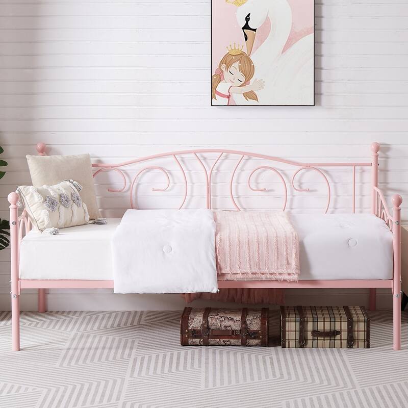 VECELO Metal Twin Size Daybed with Roman Column Legs Scroll Design Heavy Duty 350 lbs Capacity Sofa Bed for Living Room - Pink