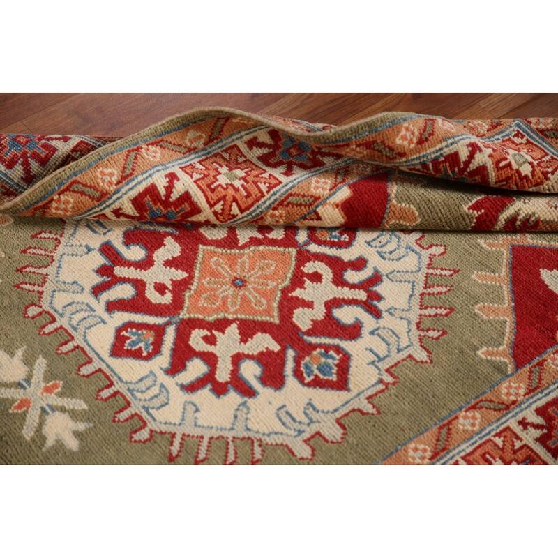 Geometric Green Kazak Oriental Accent Rug Handmade Wool Carpet - 3'3"x 5'1"