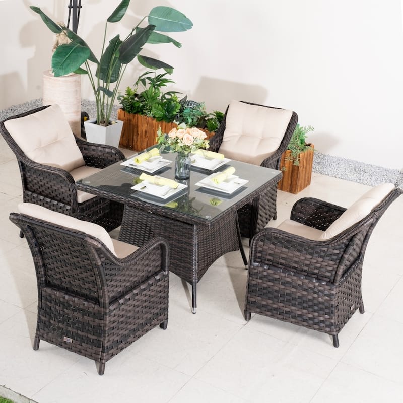 Outdoor 5-piece Square PE Rattan Dining Table and Chairs with Tempered Glass