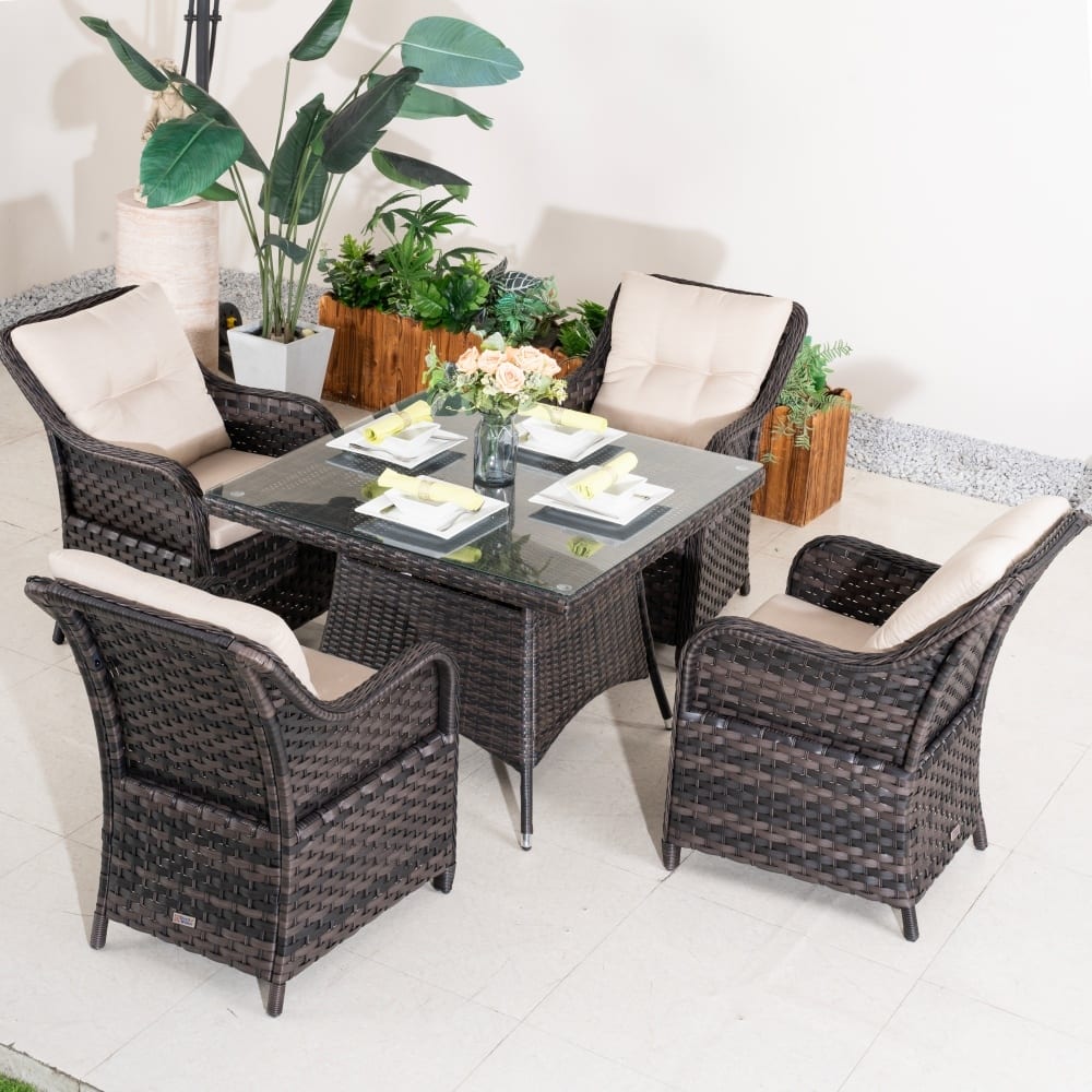 Outdoor 5-piece Square PE Rattan Dining Table and Chairs with Tempered Glass