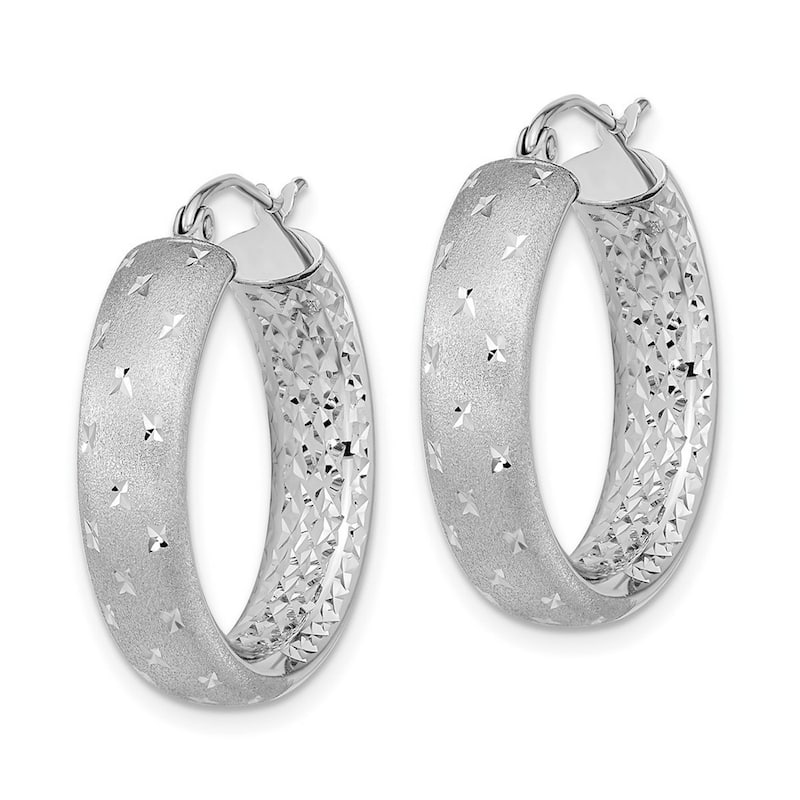 Curata 14k White Gold Satin and Diamond Cut In Out Hoop Earrings 26x5.75mm