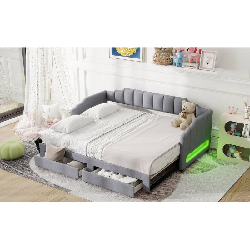 Roomfitters Twin XL Upholstered Daybed with LED Lights and 2 Storage Drawers, Extendable Pull-Out Sofa Bed Frame