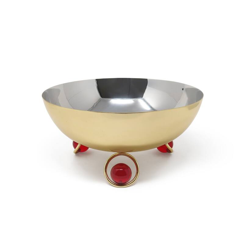 Salad Bowl Silver Inner Gold Outer with Ball Legs - Gold, Red Ball - 12''D x 5.7"H