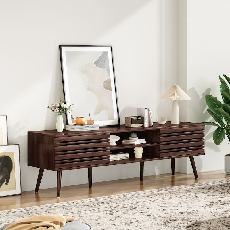 Mid Century Modern TV Stands for up to 70" TV with Storage, Fluted Wood TV Stand for Living Room, Boho Media Console
