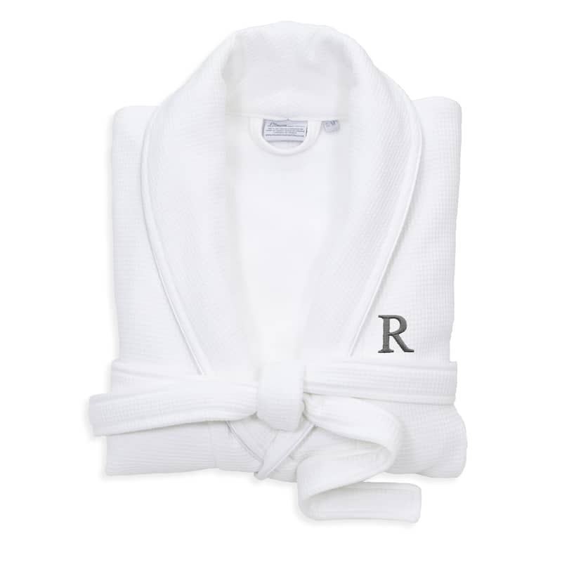 Authentic Hotel and Spa White Unisex Turkish Cotton Waffle Weave Terry Bath Robe with Grey Block Monogram - S/M - R