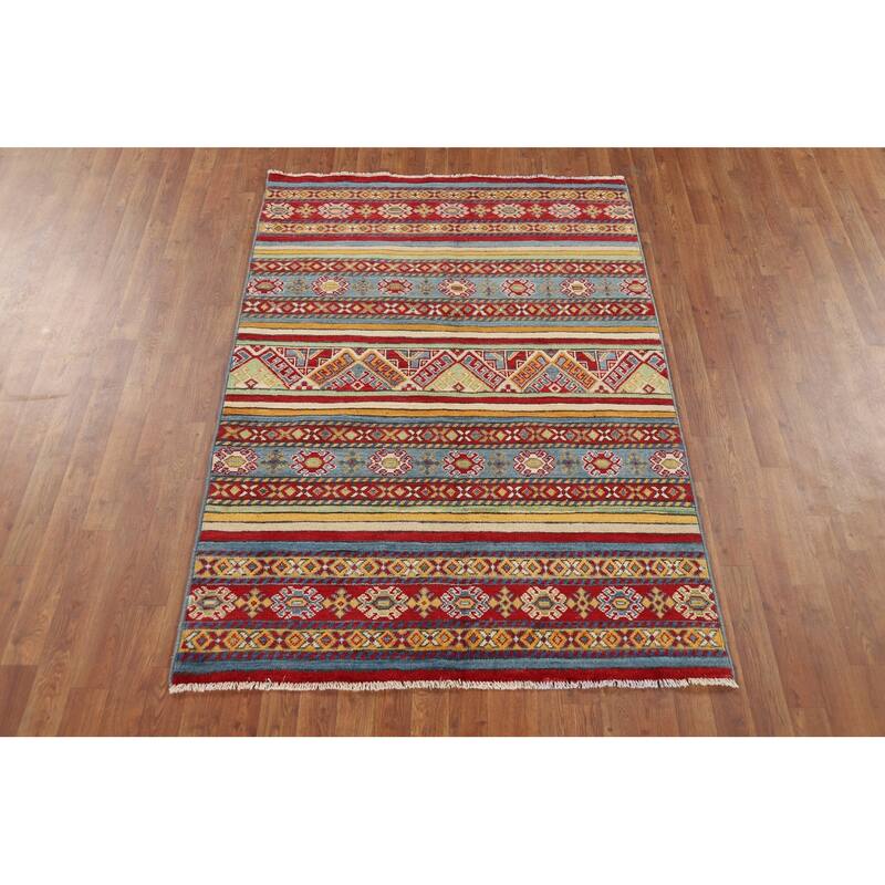 Striped Kazak Oriental Accent Rug Handmade Wool Carpet - 4'2" x 6'0"