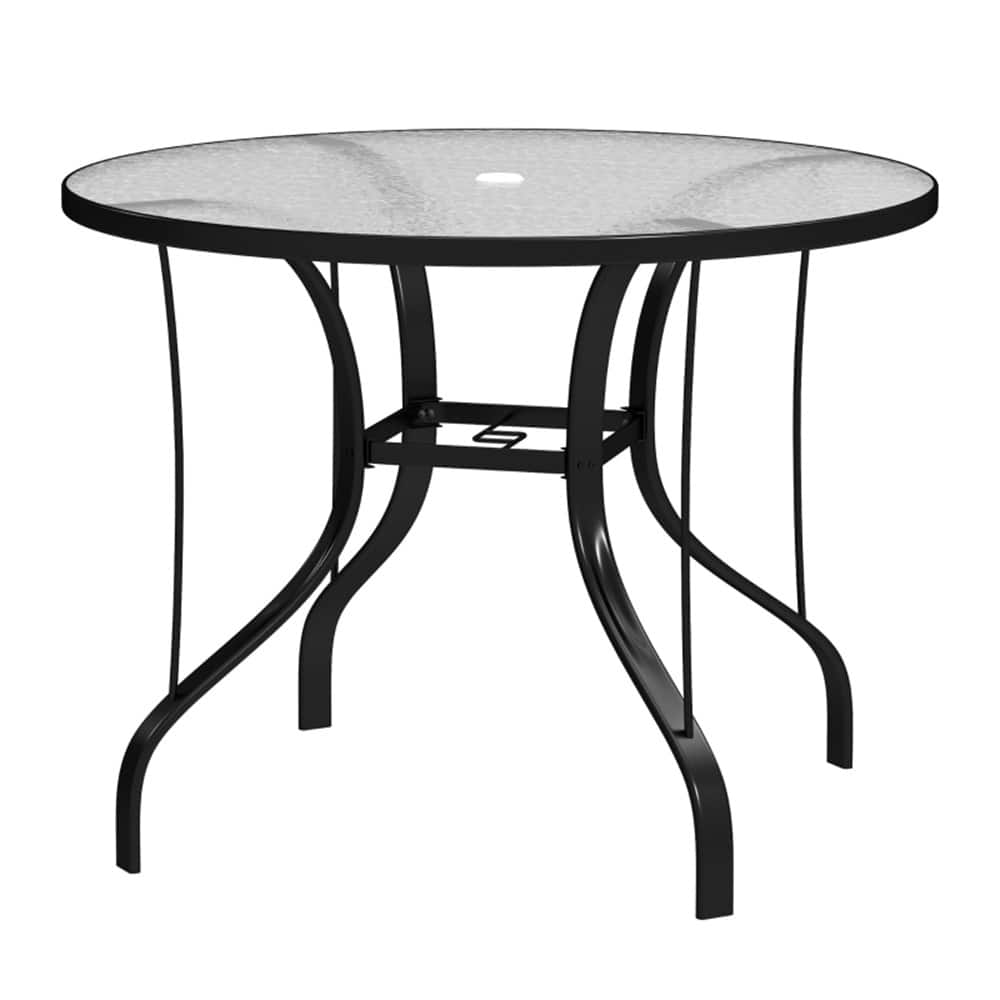 Black Metal Tempered Glass Outdoor Coffee Table with Umbrella Hole - 38" Dia. x 28" H