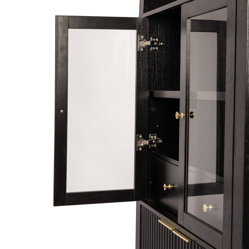 71" Tall Fluted Arched Pantry Cabinet with Glass Doors and Adjustable Shelves for Elegant Kitchen Storage