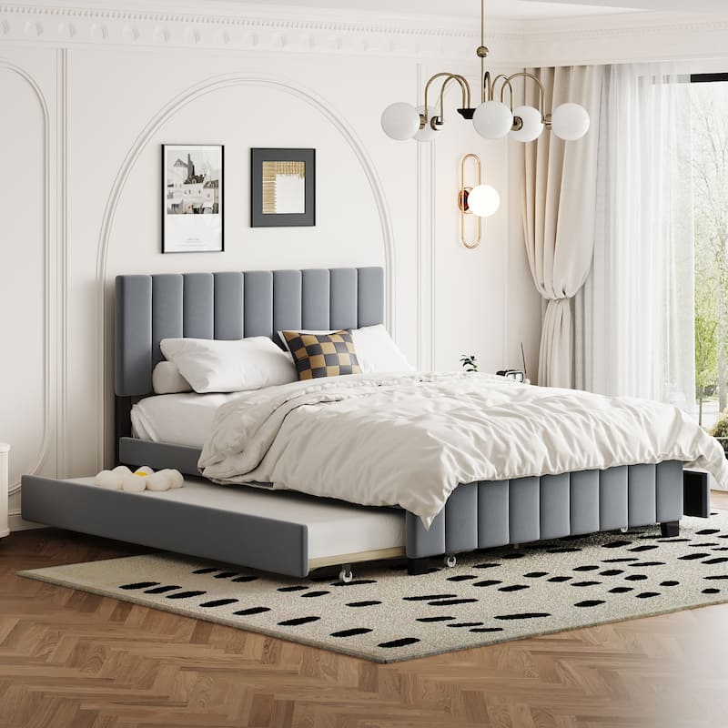 Gray Queen Velvet Upholstered Platform Bed with Drawers & Trundle - Gray