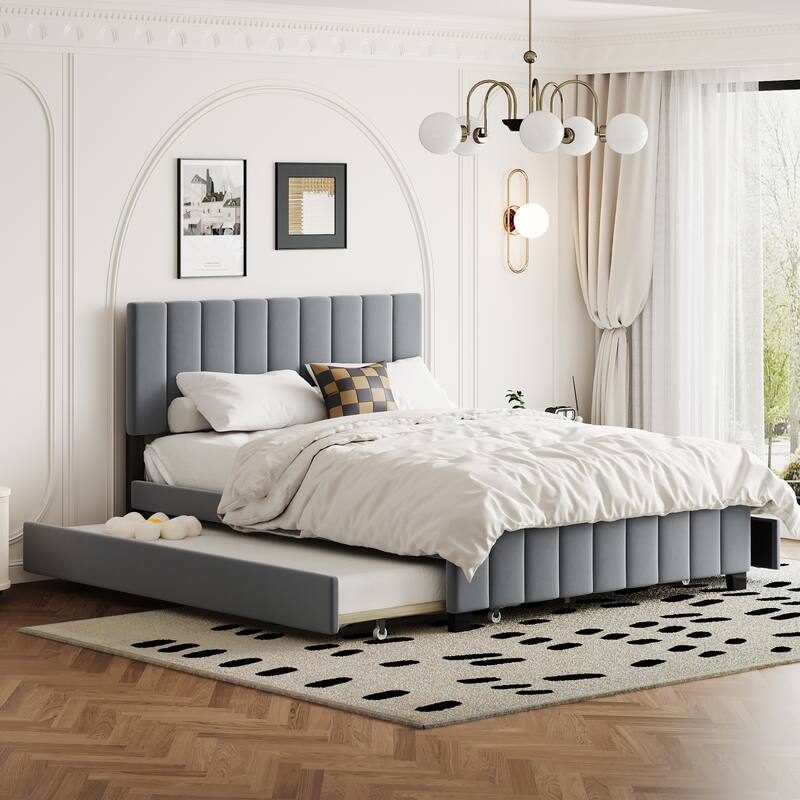 Queen Size Velvet Upholstered Platform Bed with Twin XL Trundle, 2 Storage Drawers & Tufted Headboard - Grey