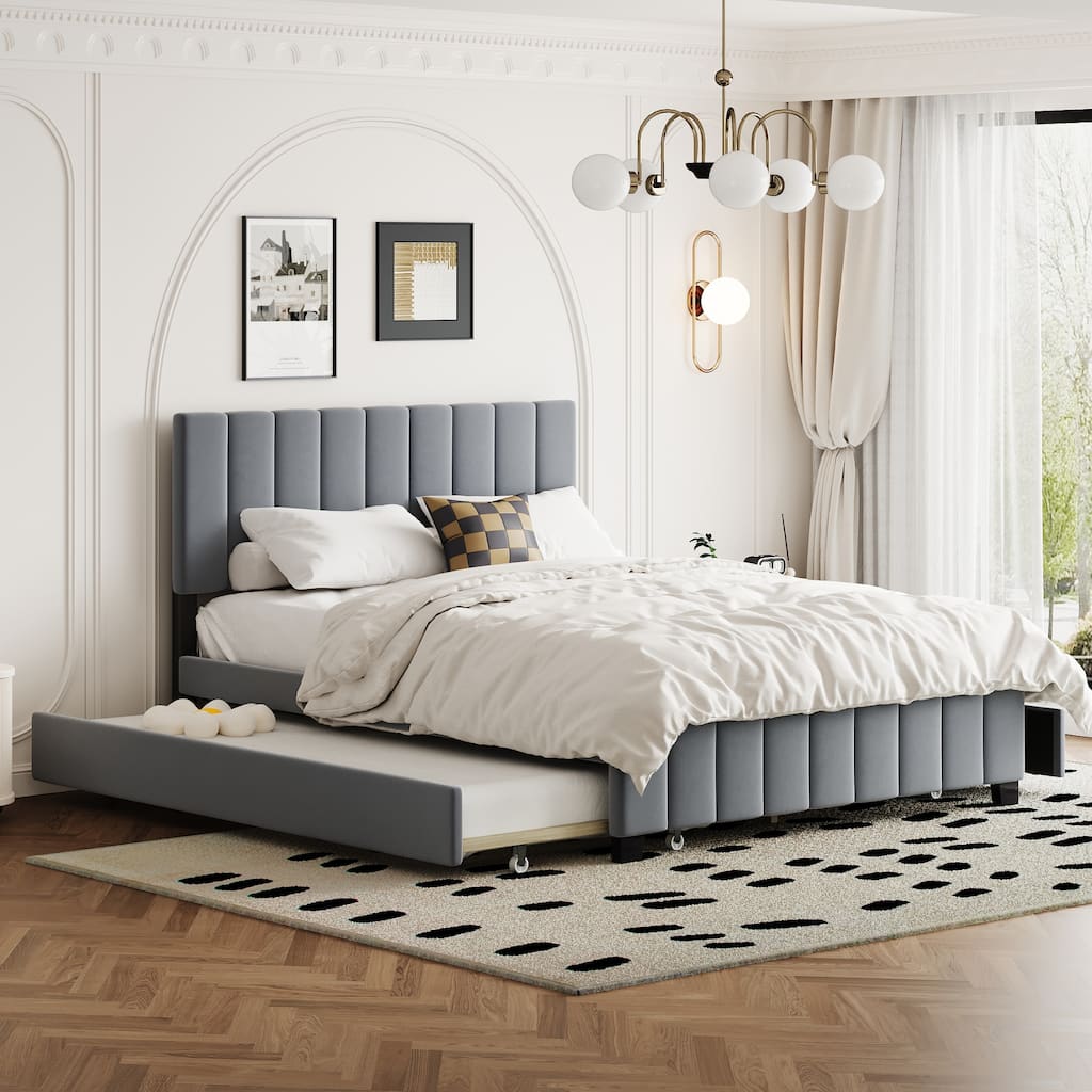 Velvet Upholstered Bed Slat Platform Bed Queen Size Bed Frame with 2 Drawers and Twin XL Trundle, No Box Spring Needed, Grey