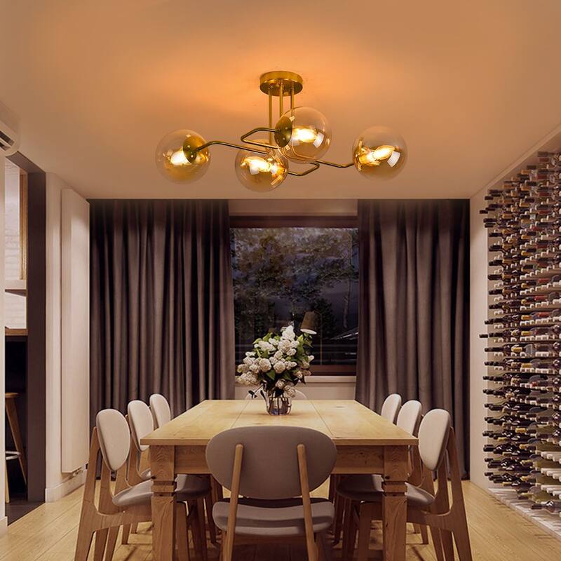 Mid - Century Modern 4 - Light Chandelier, Brass Frame with Amber - Tinted Glass Globes