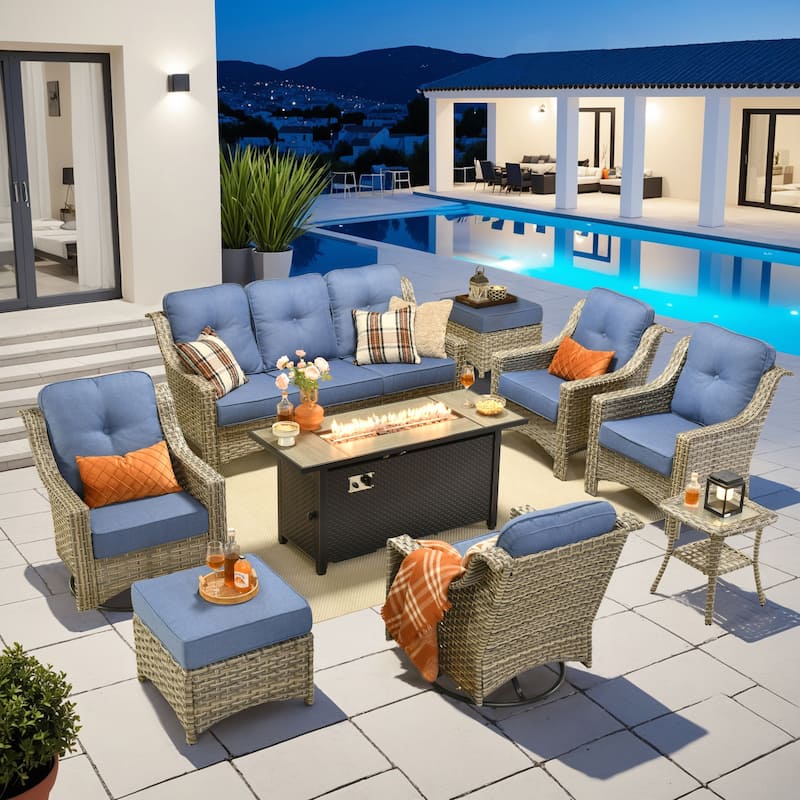 OVIOS 9 Pieces Outdoor Swivel Chairs Set with 54" Fire Table​