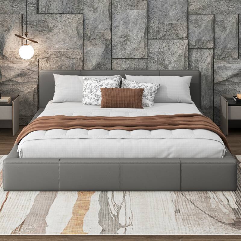 Faux Leather Upholstered Floor Bed Frame with Wood Slats Support