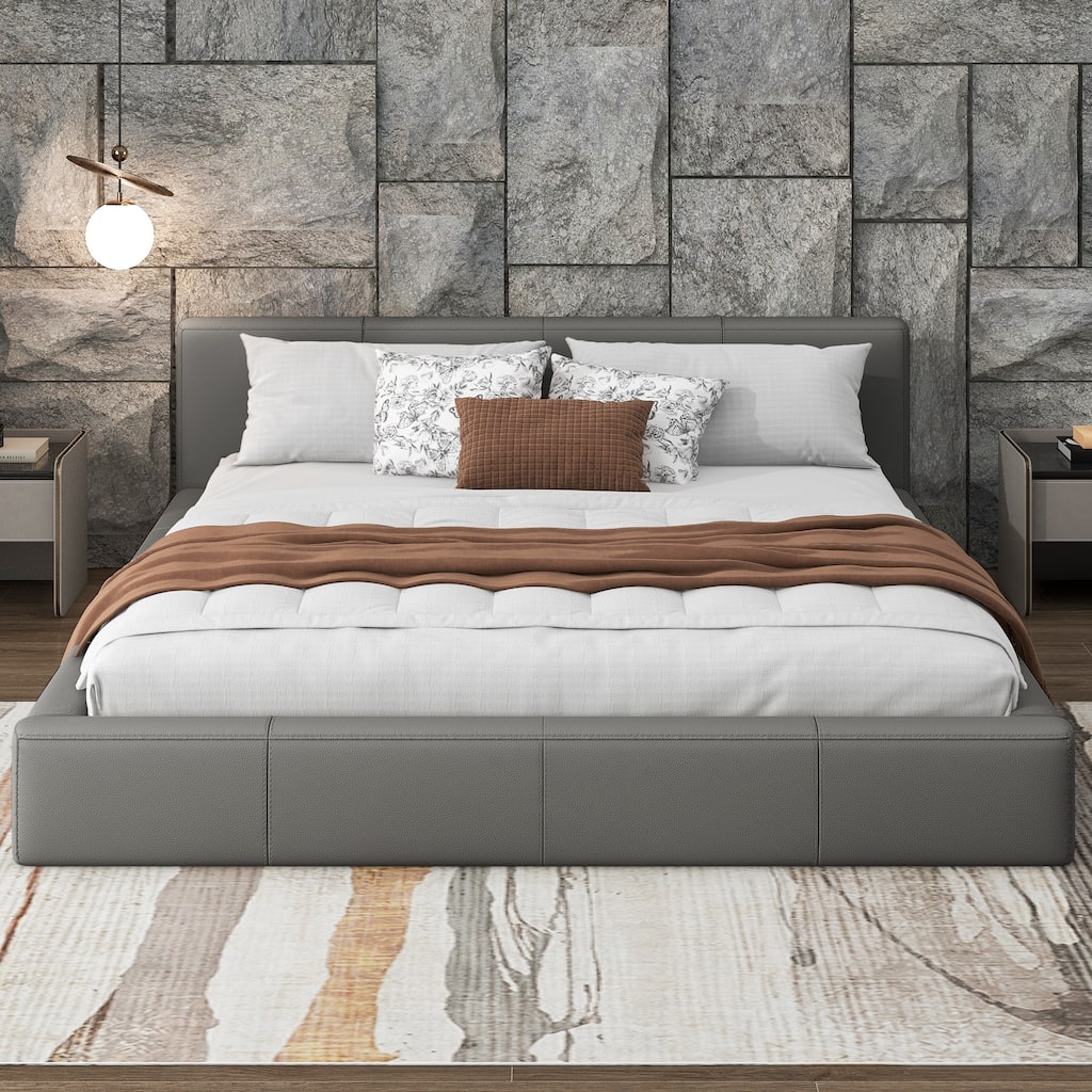 Modern Faux Leather Platform Bed Upholstered Grounded Bed Frame with Headboard, Low Profile Bed for Adults, No Box Spring Needed