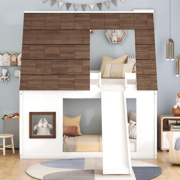 slide 2 of 8, Twin Size Roof Wood House Bunk Bed With Ladder and Slide