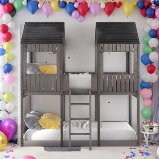 Full Over Full Wood Bunk Bed With Roof,Window,Guardrail And Ladder,Sturdy Construction