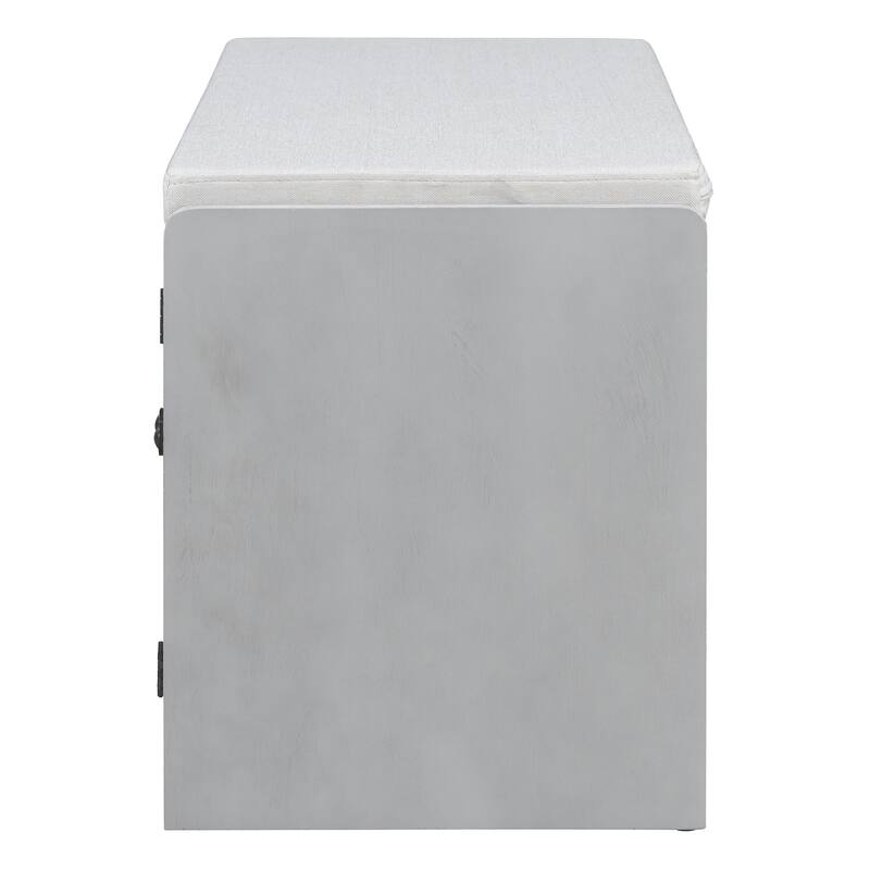 Rustic Storage Bench Multifunctional Wood Entryway Shoe Bench with Removable Cushion, Woven Rattan Doors & Adjustable Shelves