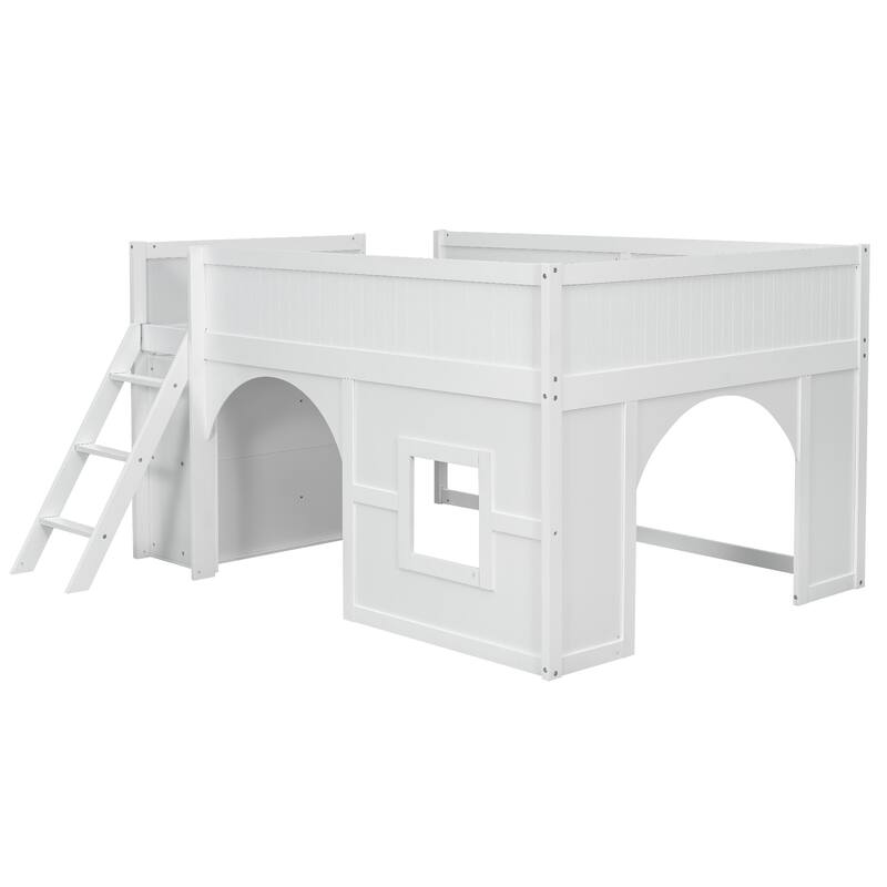 Full Size Wooden All-in-One Fairytale Low Loft Bed with Side Storage Shelves and Slide, Door and Window Design