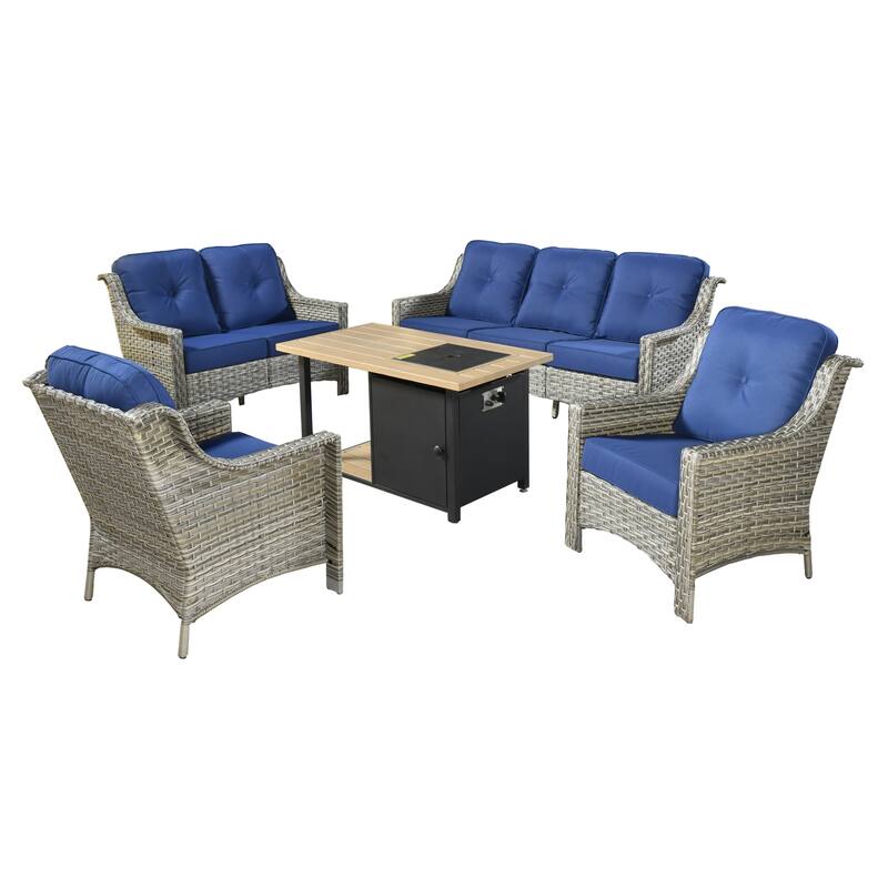 XIZZI 5-piece Patio Furniture Wicker Outdoor High Back Sofa Set with Fire Pit