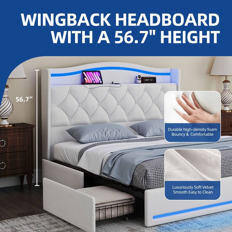 Moasis Queen Size Velvet Upholstered Bed Frame with 4 Storage Drawers & RGB Lights