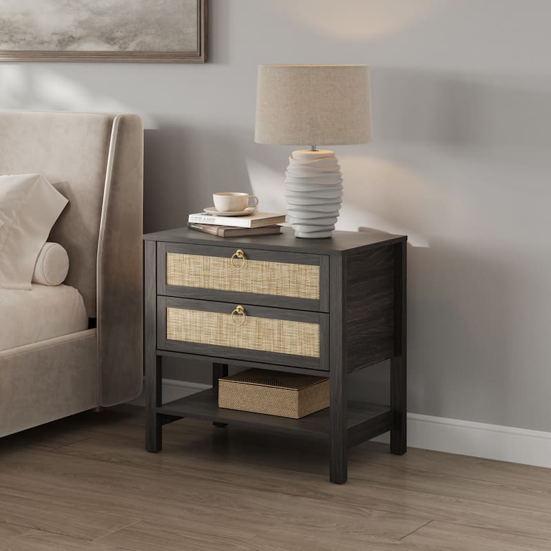 SICOTAS Rattan Boho Nightstand Great Storage for Compact Bedroom Areas - Black - 2-drawer